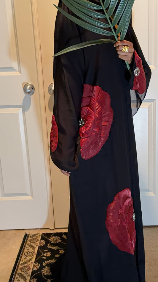 Habib Abaya: Red Flower Embroidered